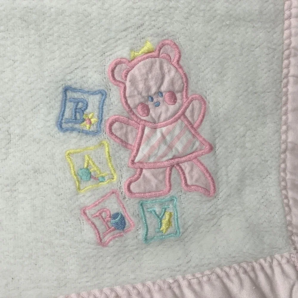 Vintage 70s 80s Satin Trim Baby Blanket Pink White Embroidered Bear ABCs Comfy